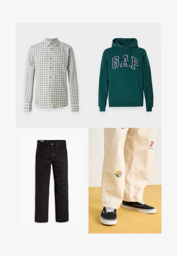 Moleton verde escuro feito de uma mistura de algodão, com um grande logotipo "G.A.P." em branco e azul-marinho, um bolso frontal tipo canguru e capuz com cordão.; Camisa de manga longa xadrez em branco e azul-marinho, com colarinho abotoado e botões de madeira, apresentando um padrão quadriculado por toda a parte.; Jeans de denim pretos de perna reta com cinco bolsos, fecho de botão e passantes para cinto, dispostos em uma superfície branca.; Calças de algodão bege com desenhos bordados divertidos, incluindo uma personagem rosa e um bloco colorido, combinadas com sapatilhas pretas de atacadores.