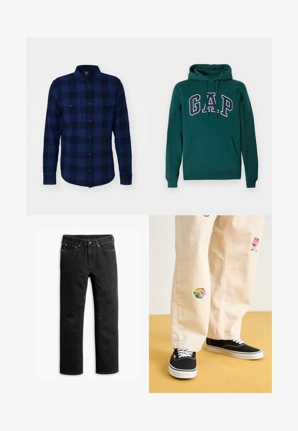 Tume roheline kapuutsiga dressipluus, mis on valmistatud puuvillasegistusest, esitades suurt "G.A.P." logo valge ja mereväe sinise värviga, ees kangaroo tasku ja reguleeritav kapuuts.; Tumed sinine flanell-särk ruudulise mustriga, millel on kaks rinna taskut ja nööpidega ees. Kanga tekstuur on pehme.; Mustavad sirged teksapüksid viie tasku, vöödega ja nupuga lukuga vöökohal, laialivalguva valge tausta peal.; Bežistestased püksid, millel on mängulised tikandid, sealhulgas roosa tegelane ja värvikad plokid, koos mustade nöörkingadega.