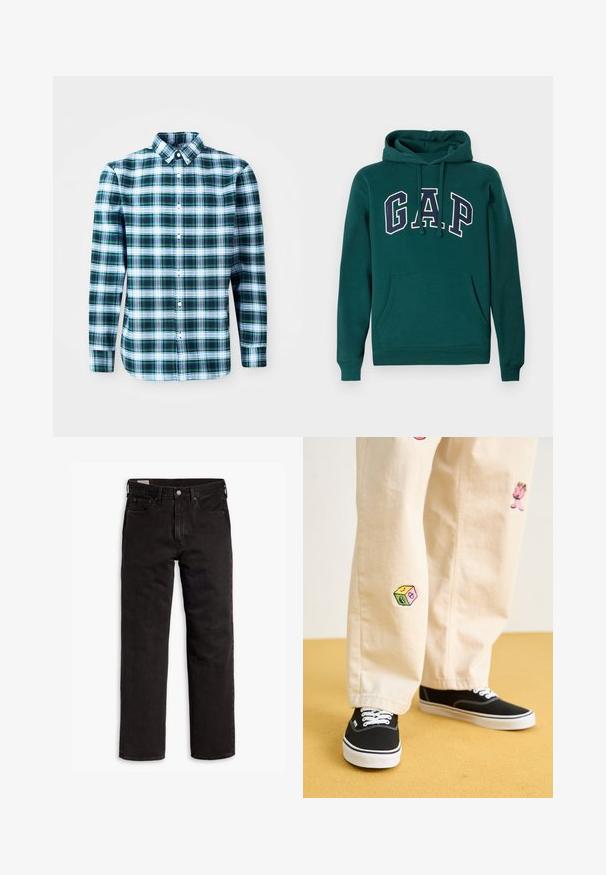 Felpa verde scuro in misto cotone, con un grande logo "G.A.P." in bianco e blu navy, tasca a marsupio frontale e cappuccio con coulisse.; Camicetta a maniche lunghe a quadri verdi e bianchi con colletto button-down e bottoni frontali. Realizzata in tessuto leggero, presenta un design strutturato.; Levi's® 568® LOOSE STRAIGHT - Jeans loose fit - welcome to the rodeo; Pantaloni di cotone beige con divertenti ricami che includono un personaggio rosa e un blocco colorato, abbinati a sneaker nere con lacci.