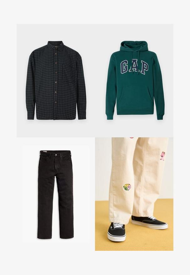 Ciemnozielona bluza z kapturem wykonana z mieszanki bawełny, z dużym logo "G.A.P." w białym i granatowym kolorze, przednią kieszenią kangurkową oraz sznurkiem do regulacji kaptura.; Czarna koszula z długim rękawem, z guzikami, w białą kratkę, z kieszonką z przodu oraz brązowymi guzikami na białym tle.; Czarne dżinsy proste z pięcioma kieszeniami, zapięciem na guzik i paskiem, rozłożone na białym tle.; Beżowe bawełniane spodnie z zabawnymi haftowanymi wzorami, w tym różową postacią i kolorowym blokiem, w połączeniu z czarnymi sznurowanymi sneakersami.