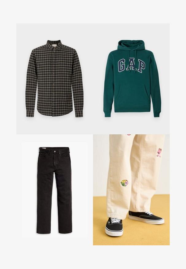 Σκούρο πράσινο φούτερ από βαμβακερό μείγμα, με μεγάλο λογότυπο "G.A.P." σε λευκό και ναυτικό μπλε, μπροστινή τσέπη καγκουρό και κουκούλα με κορδόνι.; Πουκάμισο κουμπωτό σε σκούρο ναυτικό και μπεζ καρό σχέδιο. Φτιαγμένο από μαλακό ύφασμα με γιακά, διαθέτει κυρτό στρίφωμα και καφέ κουμπιά.; Μαύρα τζιν παντελόνια σε ευθεία γραμμή με πέντε τσέπες, κουμπί κλεισίματος και θηλιές ζώνης, απλωμένα σε λευκό φόντο.; Μπεζ βαμβακερό παντελόνι με παιχνιδιάρικες κεντημένες δημιουργίες, που περιλαμβάνουν έναν ροζ χαρακτήρα και πολύχρωμο μπλοκ, ταιριασμένο με μαύρα sneakers με κορδόνια.