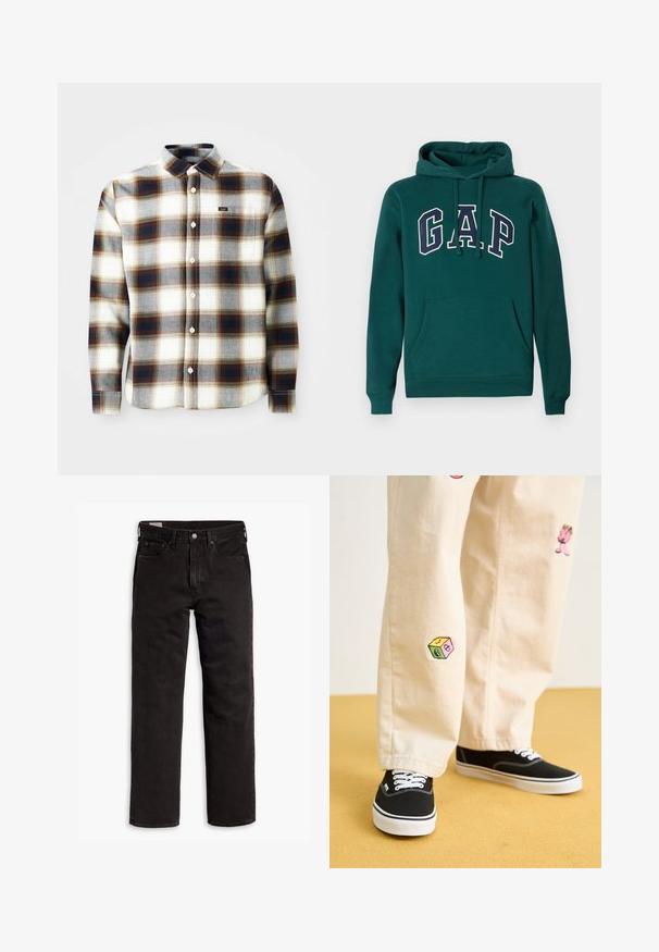 Pimeävihreä huppari, joka on valmistettu puuvillasekoitteesta. Siinä on suuri "G.A.P." -logo valkoisena ja laivastonsinisenä, etupuolella kengurupussitasku ja nyöripäähine.; Pitkähihainen ruudullinen paita valkoisena, harmaana ja ruskeana. Ominaisuuksia ovat napitettavuus, klassinen kaulus ja pieni brändilogo rinnassa.; Mustat suorat farkut, joissa on viisi taskua, nappisulku ja vyölenkit, aseteltuna tasaisesti valkoista taustaa vasten.; Beige puuvillahousut leikkisillä brodeeratuilla kuvioilla, mukaan lukien vaaleanpunainen hahmo ja värikäs lohko, yhdistettynä mustiin nauhakengiin.