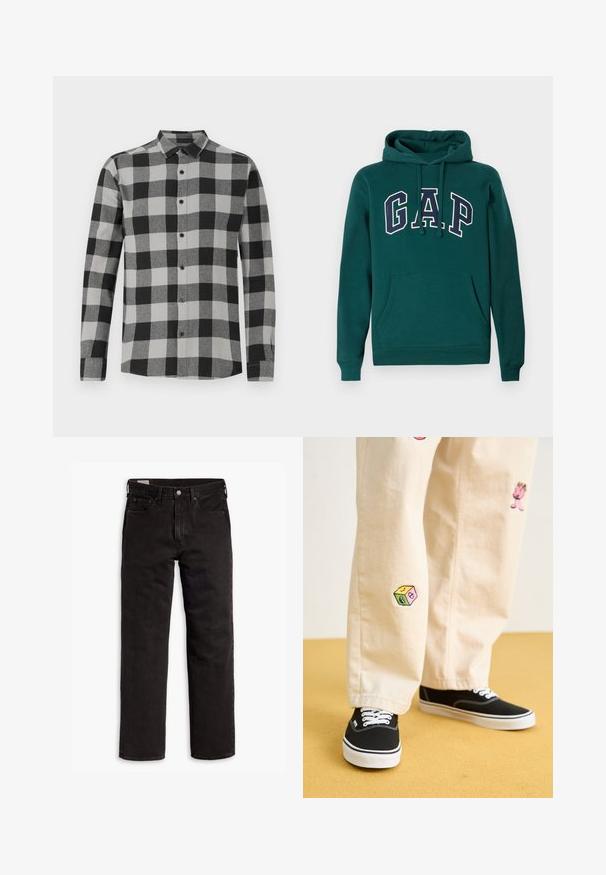 Tume roheline kapuutsiga dressipluus, mis on valmistatud puuvillasegistusest, esitades suurt "G.A.P." logo valge ja mereväe sinise värviga, ees kangaroo tasku ja reguleeritav kapuuts.; Must mustriba mustvalge ruuduline pikkade varrukatega särk, millel on nööbiga esiosa. Omab kraed ja musti nuppe. Valmistatud pehmest, tekstureeritud kangast.; Mustad sirgedega teksapüksid viie taskuga, nööpidega kinnitamine ja vöökohaga, lamab tasasele valgele taustale.; Bežistestased püksid, millel on mängulised tikandid, sealhulgas roosa tegelane ja värvikad plokid, koos mustade nöörkingadega.