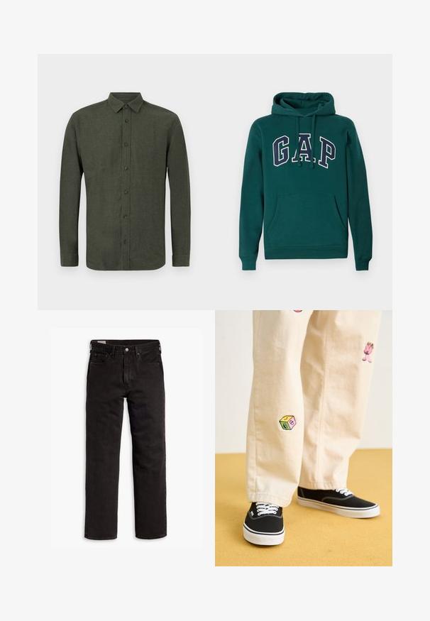 Tume roheline kapuutsiga dressipluus, mis on valmistatud puuvillasegistusest, esitades suurt "G.A.P." logo valge ja mereväe sinise värviga, ees kangaroo tasku ja reguleeritav kapuuts.; Tume roheline pika varrukaga nööbitav särk kraega, esitatud tasapinnal valge taustal.; Mustad sirgedega teksapüksid viie taskuga, nööpidega kinnitamine ja vöökohaga, lamab tasasele valgele taustale.; Bežistestased püksid, millel on mängulised tikandid, sealhulgas roosa tegelane ja värvikad plokid, koos mustade nöörkingadega.