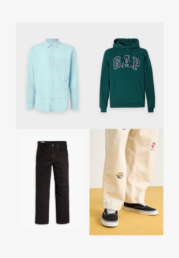 Mørkegrøn hoodie lavet af bomuldsblanding, med et stort "G.A.P." logo i hvid og marineblå, en frontkangaroo-lomme og snoretræk i hætten.; GAP STANDARD - Skjorter - aqua glaze; Sorte lige bukser i denim med fem lommer, knaplukning og bæltestropper, lagt fladt ud på en hvid baggrund.; Beige bomuldsbukser med legende broderede designs, herunder en lyserød karakter og farvede blokke, parret med sorte snørebåndssneakers.