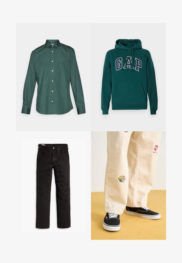 Tmavomodrá mikina z bavlneného zmesi, s veľkým logom "G.A.P." v bielej a námorníckej modrej farbe, prednou klokankou a kapucňou so šnúrkou.; Zelená košeľa na gombíky z hladkej látky, so štíhlym golierom, dlhými rukávmi a bielymi gombíkmi na prednej strane. Bez vzorov.; Čierne džínsy s rovnými nohavicami, s piatimi vreckami, s rozopínaním na gombík a pútkami na opasok, položené na bielom pozadí.; Béžové bavlnené nohavice s hravými vyšívanými vzormi vrátane ružovej postavy a farebného bloku, skombinované s čiernymi šnurovacími teniskami.