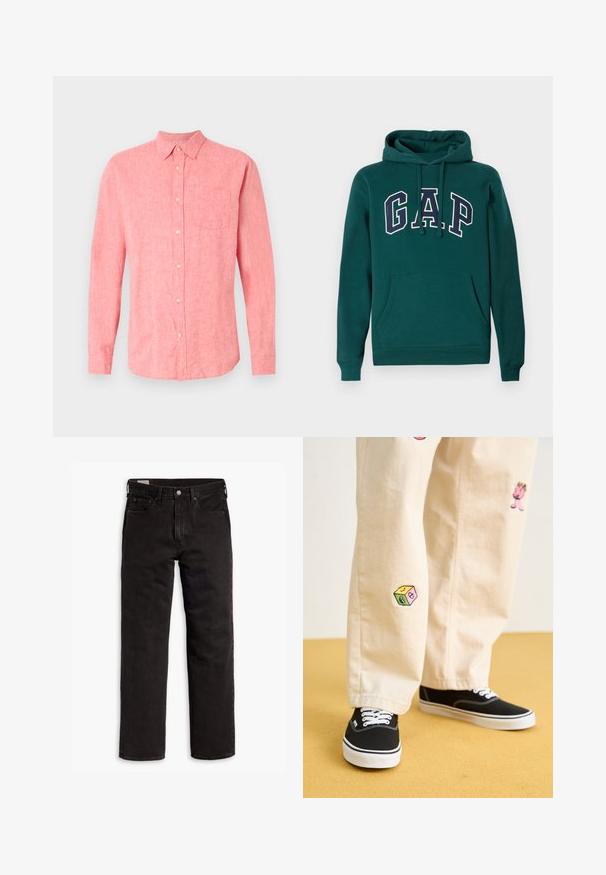 Tamsiai žalia medvilnės mišinio džemperis su dideliu "G.A.P." logotipu baltos ir tamsiai mėlynos spalvų, priekinė kengūros kišenė ir virvutė ant gobtuvo.; Šviesiai rožinės spalvos lininė marškinėliai su ilgomis rankovėmis, mygtukų užsegimu priekyje, viena krūtinės kišenė ir klasikinis apykaklė. Minkšta tekstūra ir laisvas pritaikymas.; Juodos tiesios kojų džinsinės kelnės su penkiomis kišenėmis, mygtuko užsegimu ir diržo kilpomis, išdėstytos plokščiai ant balto fono.; Bežinės medvilninės kelnės su žaismingais siuvinėjimais, įskaitant rožinį personažą ir spalvotą bloką, derinamos su juodais bateliais su raišteliais.