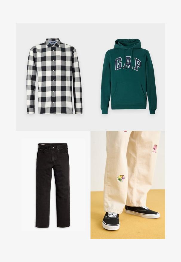 Donkergroene hoodie van een katoenmix, met een groot "G.A.P." logo in wit en marineblauw, een voorste kangoeroezak en een capuchon met trekkoord.; Langarmshirt in zwart-wit geruit patroon, gemaakt van stof met een gladde textuur. Kenmerkt zich door een button-down kraag en knopen aan de voorkant.; Zwarte recht gesneden denim jeans met vijf zakken, knoopsluiting en riemlussen, plat gelegd op een witte achtergrond.; Beige katoenen broek met speelse geborduurde ontwerpen, waaronder een roze figuur en een gekleurd blok, gecombineerd met zwarte veterschoenen.