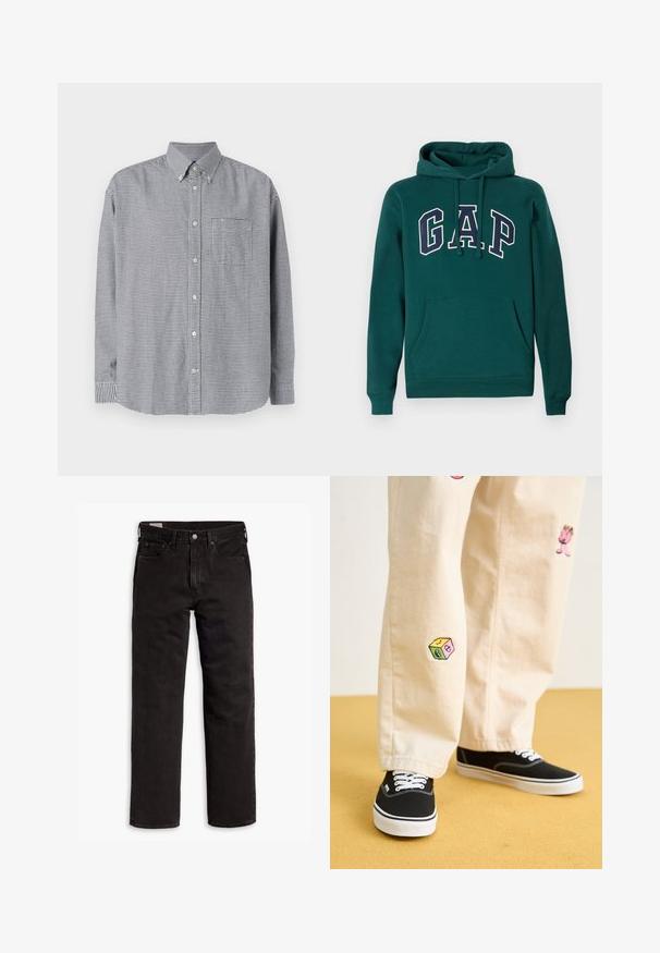 Tamsiai žalia medvilnės mišinio džemperis su dideliu "G.A.P." logotipu baltos ir tamsiai mėlynos spalvų, priekinė kengūros kišenė ir virvutė ant gobtuvo.; Juodai balta šachmatinė ilgomis rankovėmis marškiniai su apykakle, vienu krūtiniu kišenėje ir apvaliu hemu. Pagaminta iš medvilnės, lygi tekstūra.; Juodos tiesios kojų džinsinės kelnės su penkiomis kišenėmis, mygtuko užsegimu ir diržo kilpomis, išdėstytos plokščiai ant balto fono.; Bežinės medvilninės kelnės su žaismingais siuvinėjimais, įskaitant rožinį personažą ir spalvotą bloką, derinamos su juodais bateliais su raišteliais.