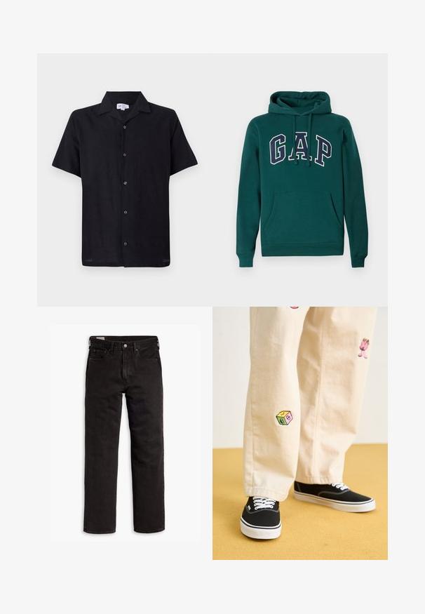 Sudadera de color verde oscuro hecha de una mezcla de algodón, con un gran logo "G.A.P." en blanco y azul marino, un bolsillo tipo canguro en la parte delantera y capucha con cordones.; Camisa negra de manga corta hecha de una tela ligera. Presenta un cuello tipo collar y un cierre frontal con botones, con cinco botones en el centro.; Vaqueros de mezclilla negros de pierna recta con cinco bolsillos, cierre de botón y trabillas para cinturón, dispuestos sobre un fondo blanco.; Pantalones de algodón beige con divertidos diseños bordados que incluyen un personaje rosa y un bloque de color, combinados con zapatillas negras de cordones.