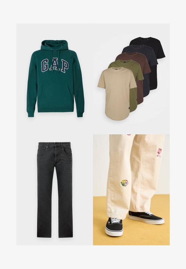 Pimeävihreä huppari, joka on valmistettu puuvillasekoitteesta. Siinä on suuri "G.A.P." -logo valkoisena ja laivastonsinisenä, etupuolella kengurupussitasku ja nyöripäähine.; Viisi t-paitaa järjestettynä gradienttiväreissä: beige, oliivi, ruskea, tummansininen ja musta. Valmistettu pehmeästä puuvillasta, lyhyillä hihoilla ja pyöreällä kauluksella.; Mustat suoralahkeiset farkut, jotka on valmistettu denimmateriaalista. Niissä on viisi taskua, vyölenkit ja nappisuljenta vetoketjun kanssa. Hieman haalistunut pinta.; Beige puuvillahousut leikkisillä brodeeratuilla kuvioilla, mukaan lukien vaaleanpunainen hahmo ja värikäs lohko, yhdistettynä mustiin nauhakengiin.
