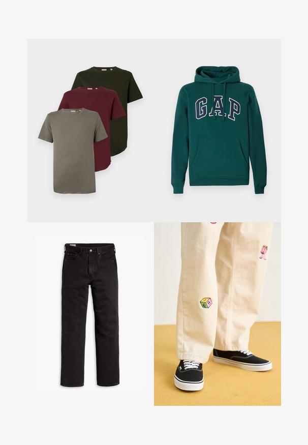 Tumši zaļš kapucis no kokvilnas maisījuma, ar lielu baltu un jūras zilu "G.A.P." logo, priekšējo kanguru kabatu un aukliņu kapuci.; Trīs īsām piedurknēm T-krekli olīvu zaļā, bordo un pelēkā krāsā, izgatavoti no mīkstas kokvilnas, ar apaļu dekoltē un brīvu piegriezumu.; Zaļš flaneļa krekls ar ietērpu, kurā ir zila, balta un sinepju dzeltena krāsa. Ar pogām aizdaram un uzgaļotām apkaklēm. Garas piedurknes.; Melnas taisnās kājas džinsu bikses ar piecām kabatām, pogu aizdari un jostas cilpām, izliktas uz balta fona.; Beige kokvilnas bikses ar rotaļīgiem izšūtiem dizainiem, tostarp rozā raksturs un krāsains bloks, saskaņotas ar melniem kurpēm ar auklām.