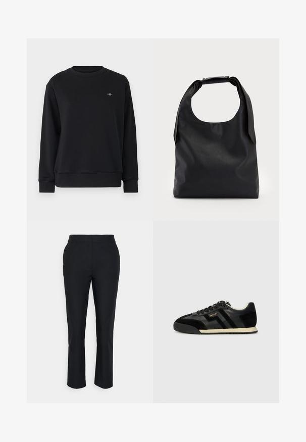 Černá mikina vyrobená z měkkého materiálu, s kulatým výstřihem, dlouhými rukávy a malým logem na levé části hrudi. Hladký povrch a volný střih.; Černé propracované kalhoty s rovnými nohavicemi, vyrobené z hladké tkaniny. Mají pas, na kterém nejsou viditelné zapínání ani kapsy.; GANT BEYLANA - Tenisky - black; Černá kůže hobo taška s jedním měkkým, zaobleným uchopem; má hladkou texturu a minimalistický design. Bez viditelného kovového doplňku nebo akcentů.