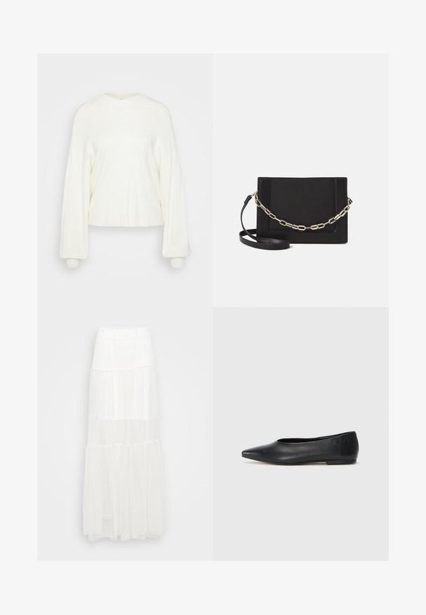 Witte cropped trui gemaakt van zachte brei-stof. Heeft een ronde halslijn en lange, oversized mouwen met aansluitende manchetten. Eenvoudig ontwerp.; Witte gelaagde maxi-rok met een elastische tailleband. Gemaakt van lichtgewicht stof, met semi-doorzichtige lagen en een vloeiende uitstraling.; Zwarte leren balletflat, puntige neus, minimalistisch design, gladde textuur, lage hak, geen zichtbaar beslag of versieringen.; Zwarte leren schoudertas met een gladde textuur, rechthoekige vorm en een metallic kettingdetail aan de voorkant. Verstelbare schouderband inbegrepen.
