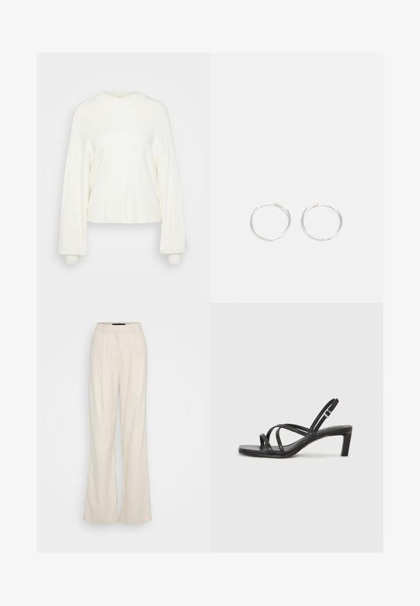 Bela skrajšana pulover iz mehkega pletenega materiala. Ima okroglo ovratnico in dolge, prevelike rokave z oprijetimi manšetami. Preprost dizajn.; Vero Moda Tall VMSOFFIE WIDE - Hlače - birch; Črne natikače s trakovi in kvadratnim prstom ter nizkim blokastim peto. Imajo več tankih trakov in nastavljiv trak okoli gležnja. Narejene so iz gladkega usnja.; Srebrne kroglice z elegantnim, okroglim oblikovanjem, z gladko površino in brez vidnih okrasnih elementov. Premer ni določen.