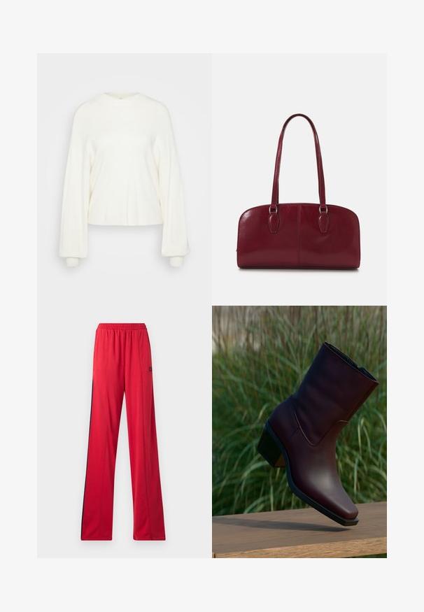 White cropped sweater made from soft knit fabric. Features a round neckline and long, oversized sleeves with fitted cuffs. Simple design.; Gap Tall TRACK PANT - Tracksuit bottoms - modern red; Dark brown leather ankle boot with block heel resting on wooden surface outdoors with tall green grass background.; Zign LEATHER - Handbag - dark red