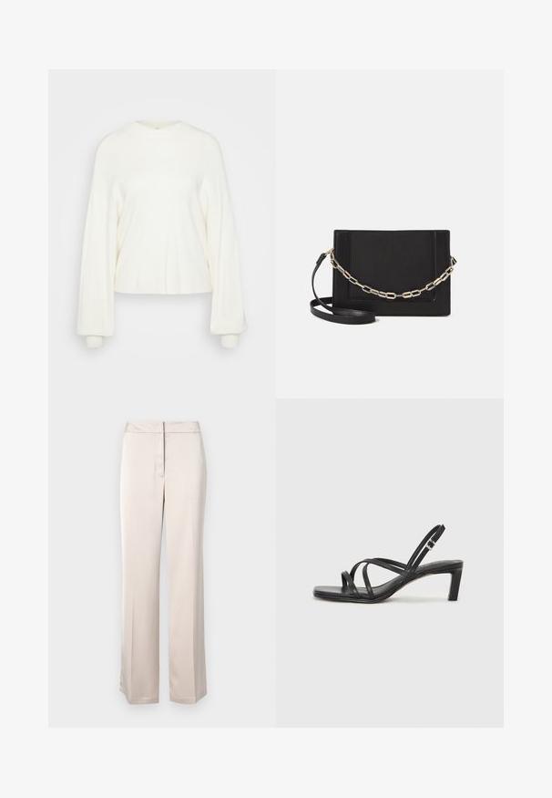 Balts īss svīteris, kas izgatavots no mīksta dzijas auduma. Tam ir apaļa kakla izgriezums un garas, pārmērīgas piedurknes ar cieši pieguļošiem aprocēm. Vienkāršs dizains.; Bežās plašās bikses, kas izgatavotas no gludas auduma ar vienkāršu siluetu, ar plakanu priekšpusi un diskretu jostas aizdari.; Melnas strappy sandales ar kvadrātveida purngaliem un zemu bloku papēdi. Ievērojamas ar vairākiem plāniem siksniņām un regulējamu potītes siksniņu. Izgatavotas no gludas ādas.; Melna ādas crossbody soma ar gludu faktūru, taisnstūrveida formu un metalizētu ķēdes detaļu priekšā. Iekļauta regulējama siksna.