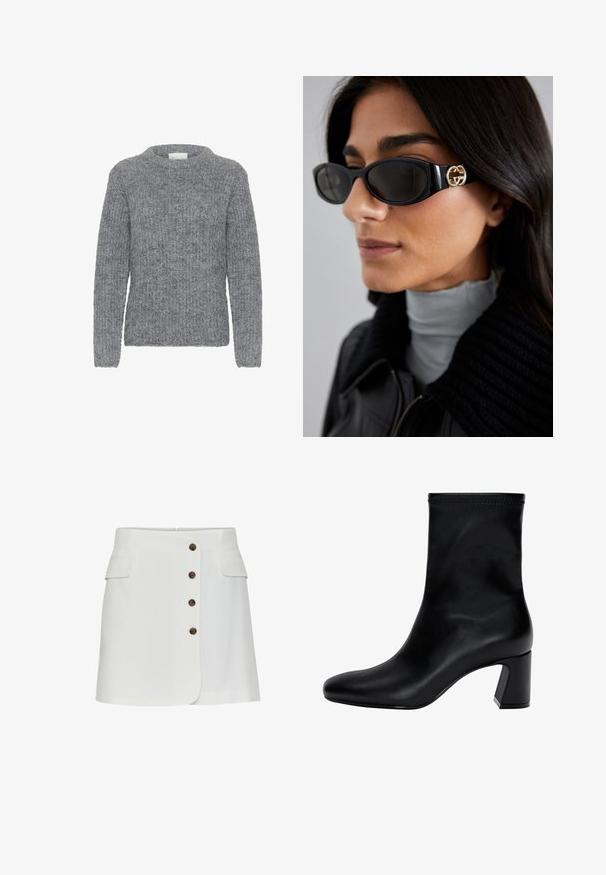 Grayer Strickpullover mit langen Ärmeln, rundem Halsausschnitt und strukturiertem Muster. Weicher Stoff mit lockerer Passform und gerippter Textur.; Weißer Rock mit sechs braunen Knöpfen vorne, zwei Seitenstaschen und einem leicht ausgestellten Schnitt. Glattes Material mit minimaler Textur.; Schwarzer Knöchelstiefel aus glattem Leder. Mit quadrater Zehenpartie, elastischem Schaft und einem stabilen Blockabsatz. Minimalistisches Design.; Schwarze Sonnenbrille mit einem schlanken rechteckigen Rahmen und einem goldenen Logo-Akzent an der Seite. Dunkle Gläser und glänzende Oberfläche sind auffällig.; Grau strukturierte Handtasche mit gepolstertem Griff, Netzelementen, verstellbarem Schulterriemen und einem vorderen Verschluss. Kompaktes Design mit abgerundeter Form.