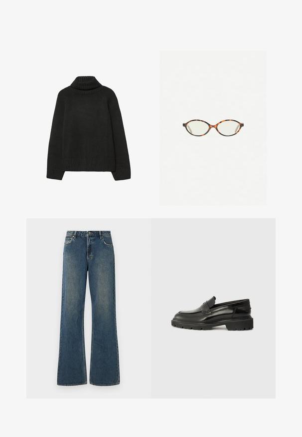 Crna dolčevita s rebrastim ovratnikom, rubom i manžetama. Napravljena od mekog pletenog materijala, s opuštenim krojem i besprijekornim dizajnom.; Široke traperice u srednje plavoj boji s izblijedjelim završetkom. Ima pet džepova, petlje za remen i metalnu kopču. Pamuk.; Crne kožne cipele na slip-on s zaobljenim nosom, debelim teksturiranim đonom i suptilnim detaljima šivanja. Imaju mali logo na poleđini.; Naočale u boji kornjače s ovalnim staklima i elegantnim, glatkim završetkom. Imaju tanke strane s suptilnom krivuljom na sljepoočnicama. Prozirna stakla.; Crna kožna torba s zakrivljenim oblikom, podesivim dvostrukim ručkama i zlatnim logotipom brenda na prednjoj strani. Glatka tekstura, minimalistički dizajn.