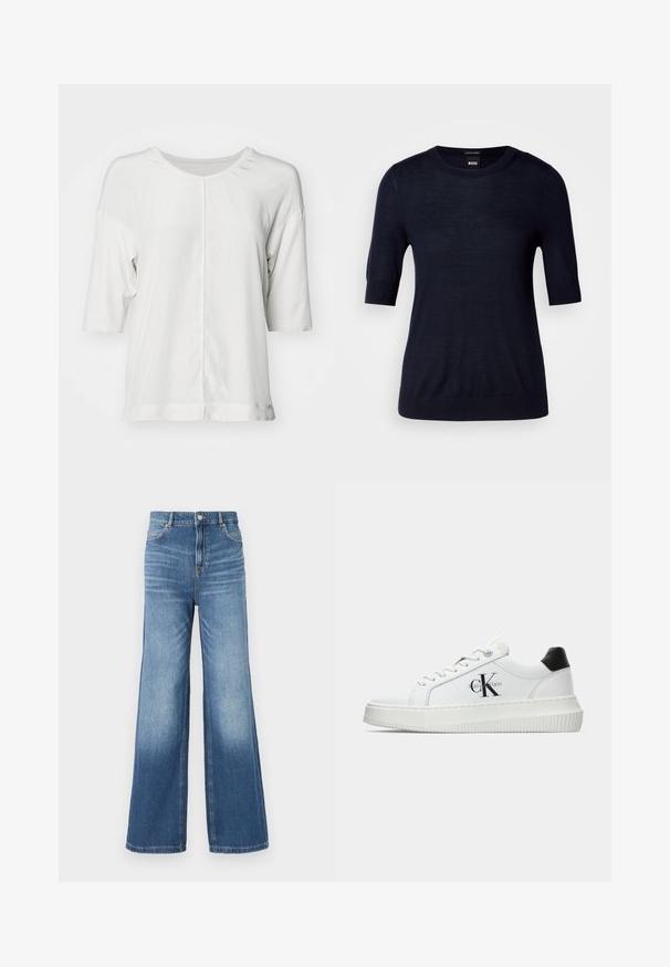 Tumedat sinise värviga lühikeste varrukatega kampsun, mis on valmistatud kerge kudumiskangast. Omab ümmargust kaelust ja soonikkoes äärt, mis tagab figuuri lähedase ilme.; Valge lühikeste varrukatega topp ümmarguse kaelusega, millel on esiseam detail ja veidi tekstuuriga kangas. Lihtne disain ilma mustriteta.; Heled sinine denim laiad püksid kõrge vöökoha ja viie taskuga, vööaasadega ning kerge fade-efektiga hemmi suunas.; Valge madalate sokkidega jooksutoss, millel on must konts, platvormi tallad, paelad ja Calvin Kleini "CK" logo küljel.