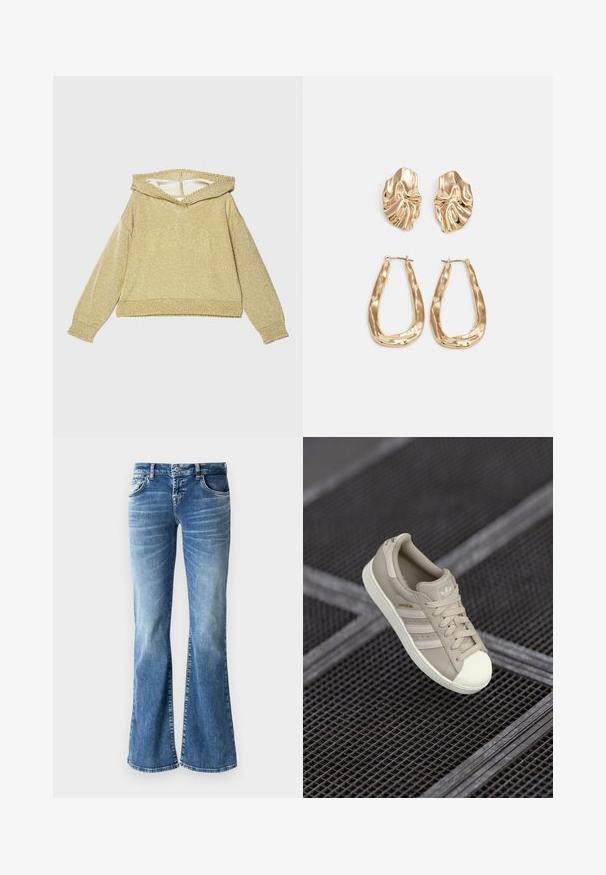 Gullfarget, glitrende hettegenser med bred halsutskjæring, lange ermer og ribbestrikkede mansjetter. Har en teksturert overflate og en kort design.; Lys blå denim flared jeans med en falmet vask, fem lommer, broderte detaljer og en glidelås med knappelukking.; Beige Adidas Superstar sneakers med teksturert lær øvre, tre laterale striper, rund tåhette og logo på tunge og hæl.; Gullfargede øredobber med teksturerte, bølgete former. Inkluderer skulpturelle klipsstuds og åpen hoop-design med en hamret finish.