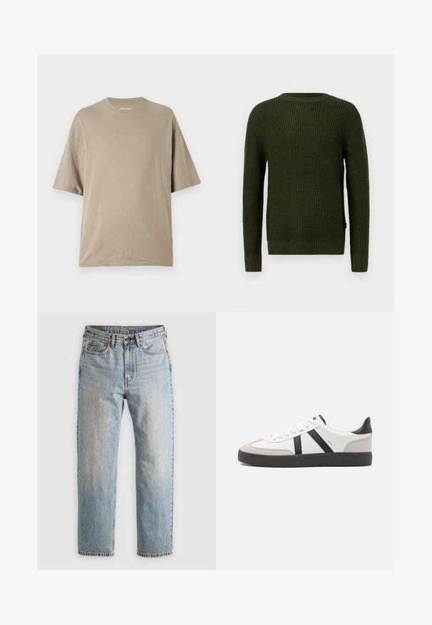 Olivovo zelený pletený sveter s okrúhlym výstrihom, dlhými rukávmi a rebrovanými manžetami. Obsahuje štruktúrovaný vzor a uvoľnený strih.; Bežové tričko s krátkym rukávom vyrobené z mäkkého bavlneného materiálu, s dizajnom okrúhleho výstrihu a uvoľneným strihom, s hladkou textúrou a minimálnym zdobením.; Svetlomodré džínsy s vysokým pásom, predným gombíkom, zipsom a dizajnom s piatimi vreckami, rozložené na neutrálnom pozadí.; Biele tenisky s čiernymi a šedými akcentmi, s textúrovanou šedou špičkou, čiernou gumovou podrážkou a plochými bielymi šnúrkami. Čistý dizajn, minimalistický štýl.