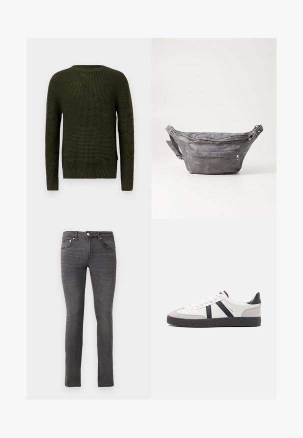 Olivinvihreä neulepusero, jossa on pyöreä kaula-aukko, pitkät hihat ja ribattu resori. Varustettu rakenteellisella kuviolla ja rennolla istuvuudella.; Harmaat farkut slim fit -leikkauksella, joissa on klassinen viisi taskua -design, edessä nappikiinnitys ja vieno tekstuurinen yksityiskohtaus kauttaaltaan.; Valkoiset lenkkarit mustilla ja harmailla yksityiskohdilla, joissa on teksturoitu harmaa kärki, musta kumipohja ja litteät valkoiset nauhat. Siisti muotoilu, minimalistinen tyyli.; Harso harmaa samettinen vyölaukku pyöreällä muotoilulla, kahdella vetoketjullisella osastolla ja säädettävällä hihnalla. Varustettu metallisilla varusteilla.