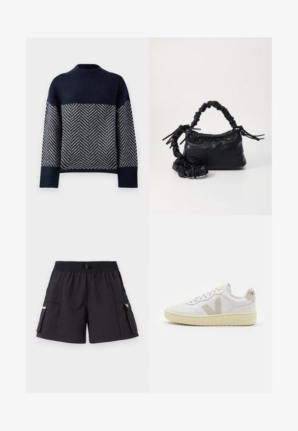 Laaju navy sininen villapaita, jossa on korkea kaula-aukko ja vaalean cremin värinen viistokuvio. Rakenne neulekangasta, roikkuvat olkapäät ja ribattu hihansuu.; Mustat shortsit, joissa on elastinen vyötärö, ja kahdet sivutaskut läppäkiinnityksellä. Valmistettu kevyestä materiaalista, joka tarjoaa toimivan suunnittelun.; Valkoiset nahkakengät, joissa on vaaleanruskeat pigmenttisuojat, rei'itetty kärki, litteät nauhat ja teksturoitu kermaisa pohja. Takana on huomaamaton brändäys.; Must-have mustekahvi nahkalaukku krokotiiliaistalla, kiristetty yläosa ja rypistetty hihna. Näyttää pehmeältä ja kompaktilta muotoilultaan.