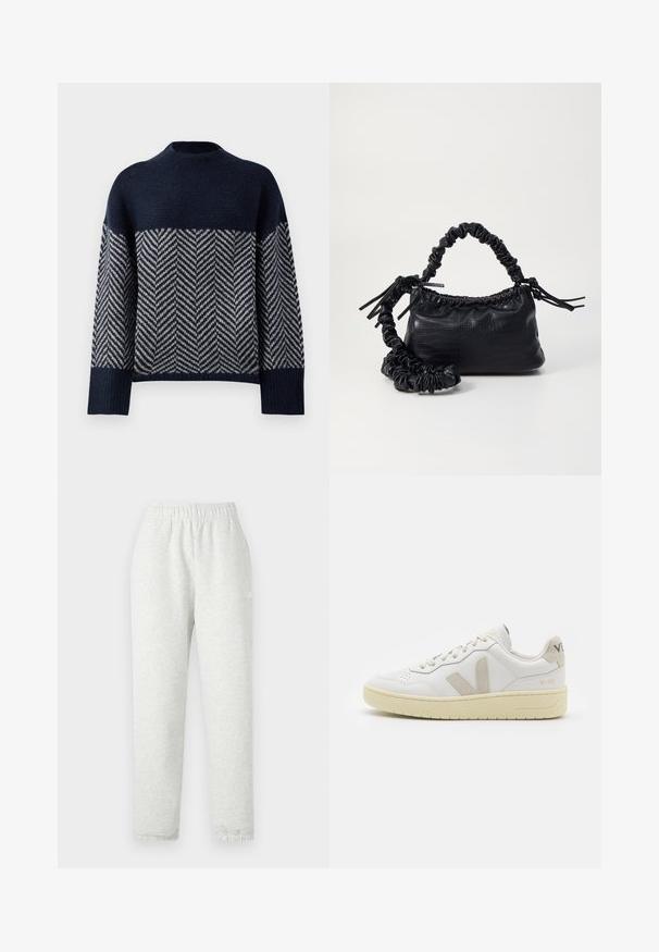 Mornarsko modra jopica z visokim ovratnikom, ki ima chevron vzorec v krem barvi. Teksturirana pletenina, padli ramena in rebrasti zaključki rokavov.; Svetlo sivi trenirka z elastičnim pasom, zoženimi hlačnicami in rebrastimi manšetami. Narejena iz mehkega, teksturiranega blaga. Bel logotip na strani.; Bela usnjena tenisača z bež semiš poudarki, perforiranim prednjim delom, ravnimi vezalkami in strukturiranim kremnim podplatom. Ima diskretno blagovno znamko na peti.; Črna torbica iz umetnega usnja s krokodilovo teksturo, z zvitim vrhom in zmečkano naramico. Zdi se mehka in kompaktna v oblikovanju.