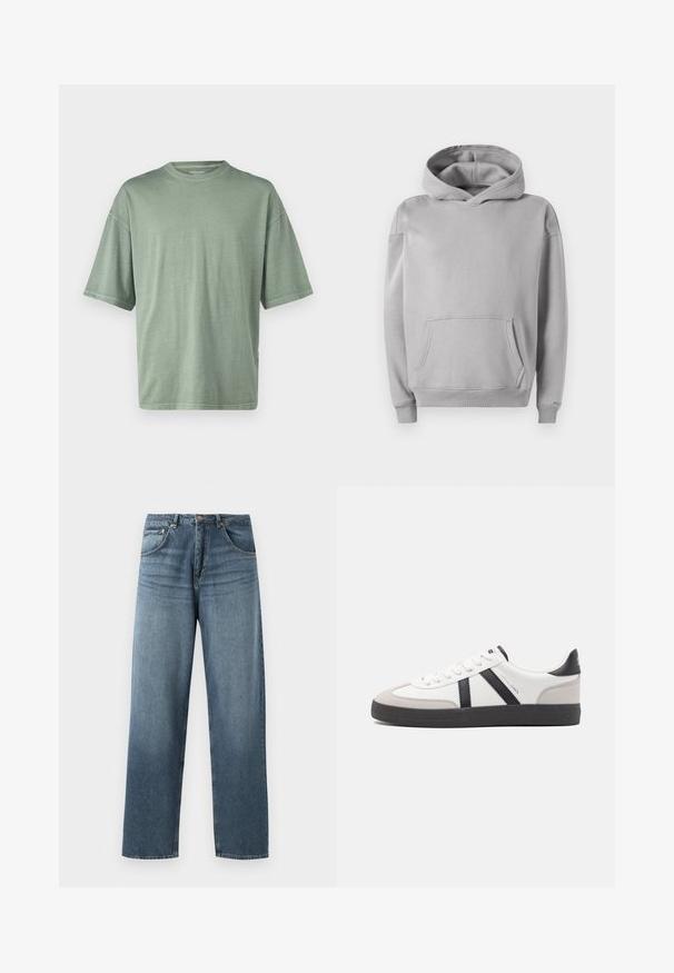 Grå hettegenser laget av mykt stoff, med en frontlomme, ribbede mansjetter og en avslappet passform. Jevn tekstur med et minimalistisk design.; Lys grøn t-skjorte med korte ermer, rund hals og avslappet passform; laget av mykt materiale med en glattere tekstur.; Rett ferdige blå denim-jeans med en falmet vask, som har fem lommer, metallknapp og beltehaller. Strukturert, middels tykt stoff.; Hvite sneakers med svarte og grå detaljer, med en teksturert grå tåhette, svart gummisåle, og flate hvite lisser. Rent design, minimalistisk stil.