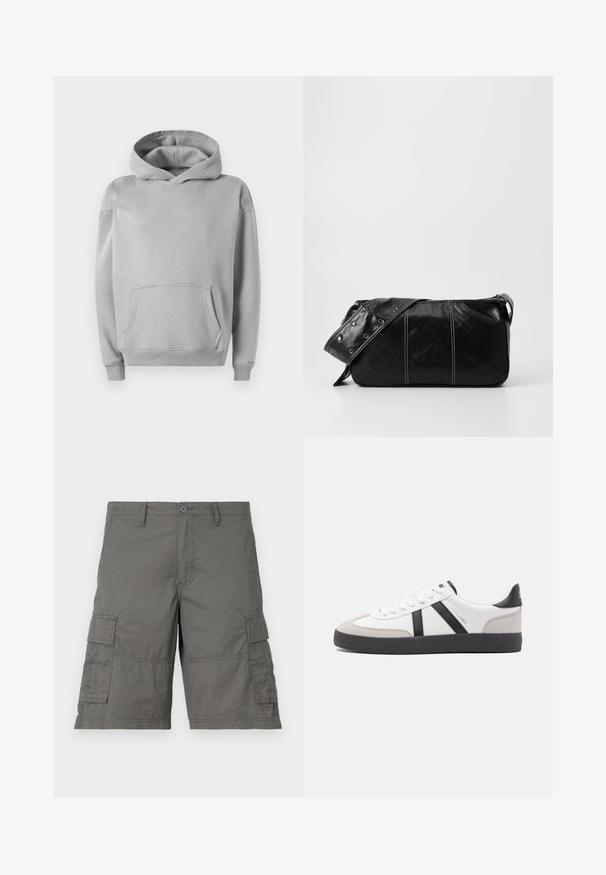 Grey hooded sweatshirt made of soft fabric, featuring a front pocket, ribbed cuffs, and a casual fit. Smooth texture with a minimal design.; Gray cargo shorts featuring a button closure, multiple side pockets, and stitching details. Made from lightweight, durable fabric.; White sneaker with black and gray accents, featuring a textured gray toe cap, black rubber sole, and flat white laces. Clean design, minimalist style.; Black leather shoulder bag with a zip closure, featuring a textured body, white stitching, and a strap with silver grommets.