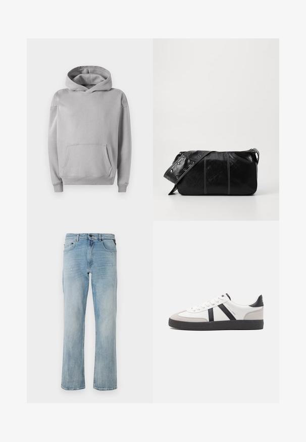 Grey hooded sweatshirt made of soft fabric, featuring a front pocket, ribbed cuffs, and a casual fit. Smooth texture with a minimal design.; Light blue denim jeans with a relaxed fit, featuring subtle distressed details and a classic five-pocket design.; White sneaker with black and gray accents, featuring a textured gray toe cap, black rubber sole, and flat white laces. Clean design, minimalist style.; Black leather shoulder bag with a zip closure, featuring a textured body, white stitching, and a strap with silver grommets.