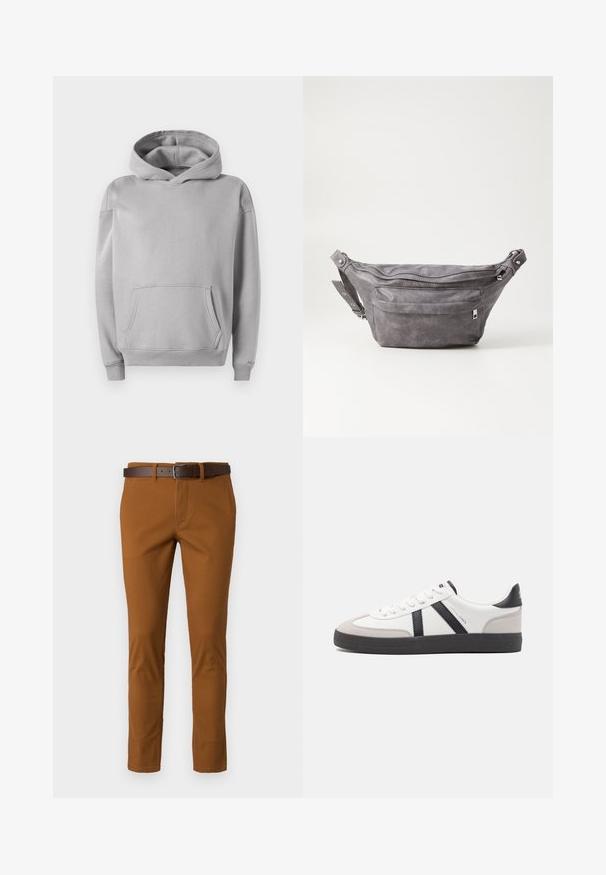 Šedá kapucňová mikina vyrobená z jemnej látky, s predným vreckom, rebrovanými manžetami a voľným strihom. Hladká textura s minimálnym dizajnom.; Hnedé bavlnené nohavice so slim fit strihom, so svetlohnedým koženým opaskom a jemnými ševmi. Hladká textúra a prispôsobený tvar.; Biele tenisky s čiernymi a šedými akcentmi, s textúrovanou šedou špičkou, čiernou gumovou podrážkou a plochými bielymi šnúrkami. Čistý dizajn, minimalistický štýl.; Sivá semišová ľadvinka s okrúhlym tvarom, dvoma zipsovými priehradkami a nastaviteľným popruhom. Obsahuje kovové prvky.