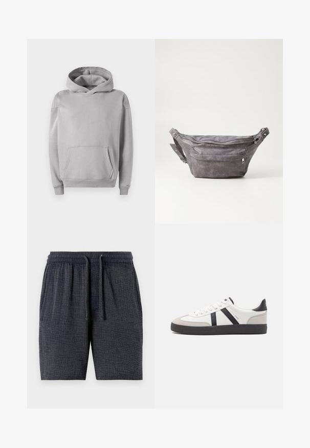 Felpa grigia con cappuccio realizzata in tessuto morbido, dotata di tasca frontale, polsini a costine e una vestibilità casual. Texture liscia con un design minimalista.; Pantaloni corti grigio scuro realizzati in tessuto testurizzato, dotati di una vita elasticizzata con cordino e tasche laterali.; Sneaker bianco con accenti neri e grigi, dotata di una punta grigia testurizzata, suola in gomma nera e lacci bianchi piatti. Design pulito, stile minimalista.; Fanny pack in suede grigio con forma arrotondata, due scomparti con cerniera e tracolla regolabile. Presenta dettagli in metallo.