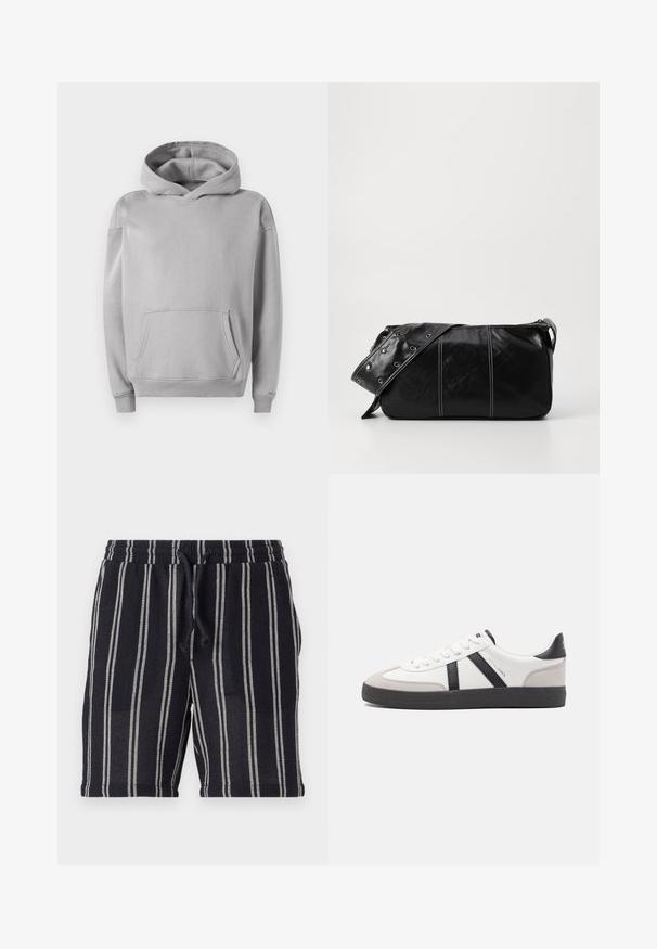 Grå hettegenser laget av mykt stoff, med en frontlomme, ribbede mansjetter og en avslappet passform. Jevn tekstur med et minimalistisk design.; Svart-hvite stripete shorts med elastisk linning, snøring og en teksturert stoff. Slutter på midten av låret.; Hvite sneakers med svarte og grå detaljer, med en teksturert grå tåhette, svart gummisåle, og flate hvite lisser. Rent design, minimalistisk stil.; Svart lær skulderveske med glidelås, med teksturert overflate, hvite sømmer og en stropp med sølvringer.