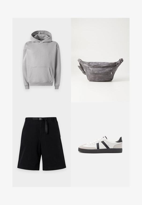 Sweatshirt à capuche gris en tissu doux, avec une poche avant, des poignets côtelés et une coupe décontractée. Texture lisse avec un design minimal.; Shorts noirs en tissu lisse, dotés d'une ceinture noire et d'une poche frontale. Conception droite avec un bas ourlé.; Baskets blanches avec des accents noirs et gris, présentant un embout texturé gris, une semelle en caoutchouc noir et des lacets plats blancs. Design épuré, style minimaliste.; Sac banane en suède gris avec une forme arrondie, deux compartiments zippés et une sangle réglable. Comprend des accents en métal.