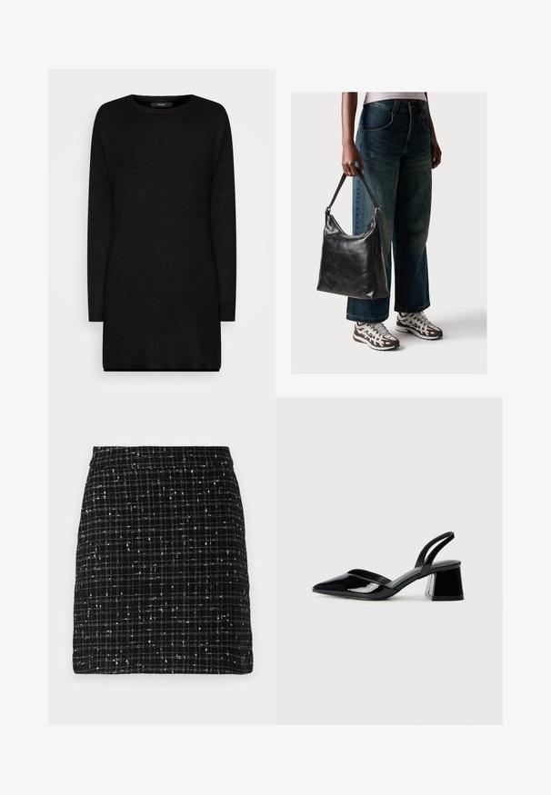 Juoda megztinė su ilgomis rankovėmis, apvalia iškirpte ir laisvu kirpimu, pasižyminti minkšta tekstūra ir raukšlėtomis briaunomis kaip papildoma detalė.; Juoda tweed mini sijonas su languotu raštu, sudarytas iš baltų siūlų, pynusių kartu, su tiesiu kirpimu ir be matomų detalių.; Juodos lakuotos odinės šlepetės su smailiu pirštu ir geometriniu bloko kulnu. Turi elegantišką, minimalistinį dizainą ir lygų paviršių.; Juodas odinis peties krepšys su lygiu paviršiumi ir reguliuojama dirželiu, derinamas su nublukusiais plačiapurčiais džinsais ir sportiniais batais.