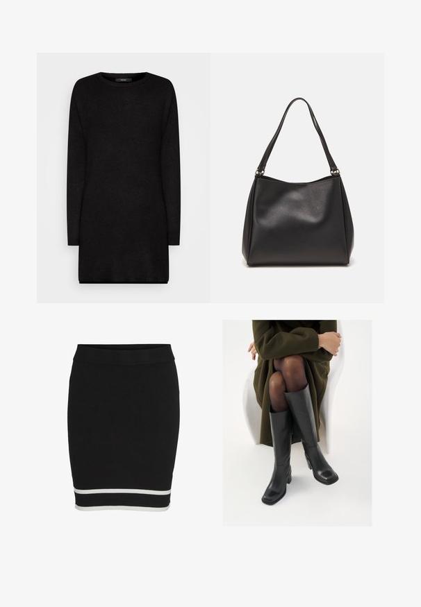 Sweater em malha preta com mangas longas, decote redondo e um corte solto, apresentando uma textura suave e bainhas caneladas para um detalhe adicional.; Saia de malha preta com um formato justo e uma cintura larga elástica. Apresenta uma risca branca na barra, destacando a borda inferior.; Botas de couro pretas até ao joelho com biqueira quadrada e salto em bloco, apresentadas com um modelo sentado num casaco verde-azeitona. Textura lisa, com detalhes mínimos.; Bolsa de mão em pele sintética preta com uma textura suave, de forma hobo, e alças duplas para os ombros; apresenta um acabamento brilhante e um design minimalista.