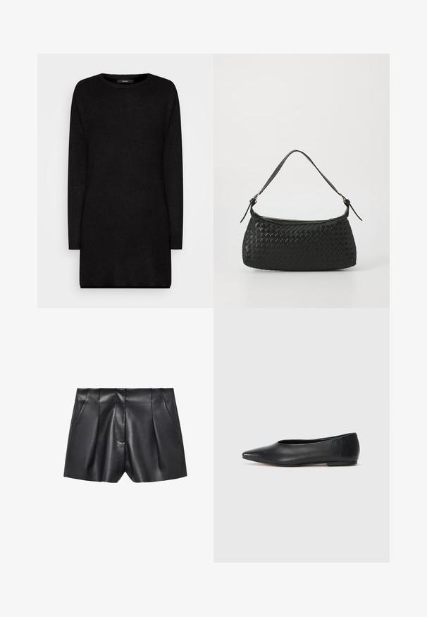 Pulover negru din tricot cu mâneci lungi, guler rotund și croială lejeră, având o textură moale și margini ribbed pentru un plus de detaliu.; Shorts negre din piele cu o textură fină, având un design pliat, două buzunare laterale și o croială conturată.; Balerini din piele neagră, vârf ascuțit, design minimalist, textură netedă, toc de mică înălțime, fără hardware sau embellishments vizibile.; Geantă de umăr împletită, de culoare neagră, cu o curea din piele netedă și închidere cu fermoar. Are o suprafață texturată și o formă curbată.