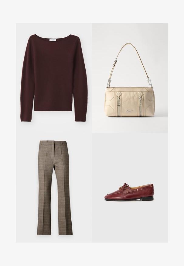 Suéter tricotado bordeaux com um amplo decote barco e mangas longas. Textura macia, corte reto na barra, sem embellishments visíveis.; Calças castanhas em padrão xadrez com corte reto, apresentando um tecido texturizado e cores subtis de bege e castanhos mais escuros ao longo do padrão.; Sapatos de barco em pele burgundy com bico arredondado, design com atacadores, ilhoses dourados e sola preta baixa. Textura suave com detalhes de costura.; Bolsa de mão em couro bege com ferragens prateadas, dois fechos lado, design estruturado e uma alça removível para versatilidade.