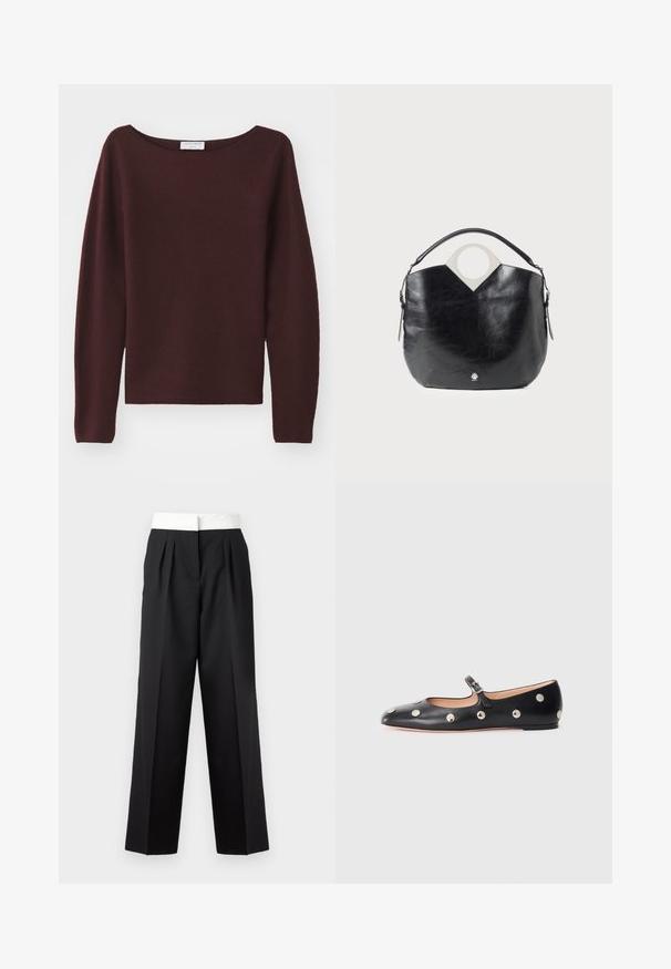 Burgundy stickad tröja med vid båthals och långa ärmar. Mjuk textur, rak skärning i nederkant, inga synliga dekorationer.; Svarta plisserade byxor med en bred vit midja, med rak skärning och slät textur för en strukturerad look.; Svart läder Mary Jane lägenhetssko med rund tå, prydd med silverfärgade cirkulära nitar och ett justerbart band med spänne.; Svart läderväska med en böjd form, cirkulärt topphandtag och silverdetalj med logotyp. Slät textur och anmärkningsvärd urtagning som designfunktion.