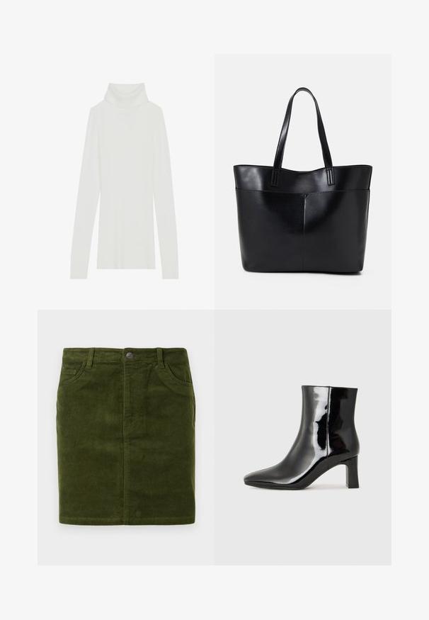 Baltas vertikalus juostuotas megztinis su aukšta apykakle, ilgomis rankovėmis, minkšta tekstūra, prigludusio silueto ir be matomų užsegimų.; Tamsiai žalia kordūrojo sijonas tiesiu virkščiu, su penkių kišenių dizainu ir metaliniu mygtuko uždarymu juosmens srityje.; Juodos lakuotos odinės aulinukės su smailiu pirštu ir vidutinio aukščio blokuotu kulnu. Lygus paviršius ir minimalistinis dizainas.; Juoda odinė rankinė su dviem ilgais diržais, lygiu paviršiumi ir struktūrizuota forma. Yra priekinė kišenė papildomam saugojimui.