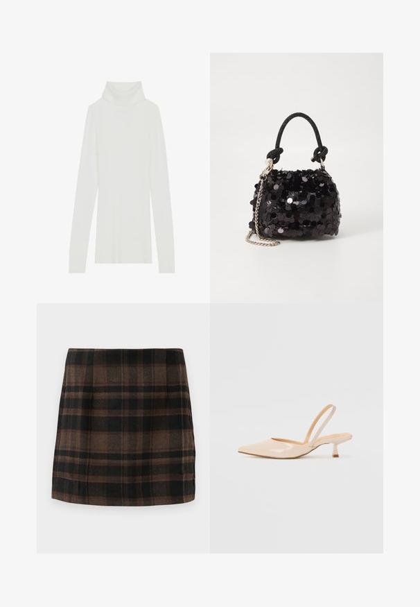 Valge ribaga kõrge kaelusega kampsun pikkade varrukatega, pehme tekstuuriga ja liibuva kujundusega, ilma nähtavate kinnitusteta.; Prindiga mini seelik pruunide, mustade ja tan toonidega, valmistatud tekstureeritud kangast, omab vormitud disaini ja külgõmblusi, mis lisavad struktuuri.; Beežist lakitud nahast slingback kontsad terava nina ja peene ruudukujulise kontsaga. Sile tekstuur ja minimalistlik disain ilma kaunistusteta.; Must have mustrõngus mustal sädelev mini käekotil on sõlme tekstuuriga rihm ja hõbedane ketis. Ümar kuju, kokku kogutud ülaosa ja peegeldav detail.