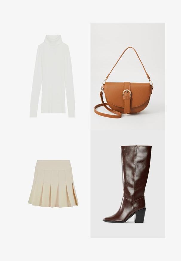 Maglione bianco a collo alto a coste con maniche lunghe, texture morbida e un alto colletto arrotolato, caratterizzato da un design attillato e senza chiusure visibili.; Gonna beige a pieghe con vita aderente, realizzata in un tessuto morbido. Presenta diverse pieghe verticali e un orlo dritto.; Stivale alto in pelle marrone scuro con punta affilata e tacco a blocco, mostrato di lato su uno sfondo neutro.; Borsa a tracolla in pelle marrone con forma curvata, hardware dorato e un dettaglio con fibbia. Presenta una tracolla rimovibile.