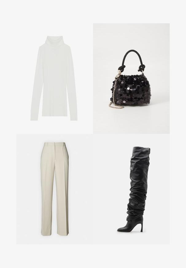 Pull à col roulé blanc côtelé avec des manches longues, texture douce, et un col roulé haut, doté d'une coupe ajustée et sans fermetures visibles.; Pantalons beige ajustés à coupe droite, avec des plis à l'avant, une taille plate et une texture lisse pour une finition propre.; Bottes noires en cuir au-dessus du genou avec un design ample, un bout pointu et un talon aiguille. Caractéristiques d'une texture douce et de détails froncés.; Mini sac à main en sequins noirs avec une bandoulière texturée nouée et une chaîne argentée. Forme arrondie avec un haut froncé et des détails réfléchissants.
