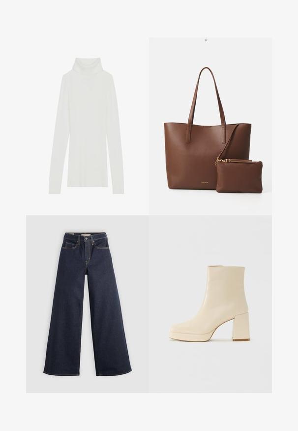 Hvit ribbestrikket genser med høy hals, lange ermer, myk tekstur og en tettsittende design uten synlige lukkinger.; Bredde ben jeans i mørk blå med kontrastsøm. Har tradisjonelt fem-lommes design og en knappelukking i midjen.; Beige lærankelstøvlett med blokkhæl og plattformsåle, glatt overflate og lett firkantet tå, vendt mot venstre på hvit bakgrunn.; Brun kunstlær toteveske med to lange håndtak og en matchende liten veske. Overflaten har et strukturert mønster og detaljer i gull.
