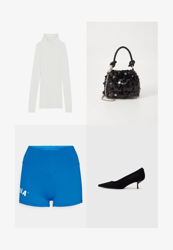 Fehér bordázott garbó pulóver hosszú ujjakkal, puha tapintású, magas gallérral, testhez simuló fazonban és látható zárások nélkül.; Kék, magas derekú sort, rugalmas anyagból készült, sima textúrával. A bal lábon található egy logó és varrás nélküli kialakítás jellemzi.; Fekete velúr magassarkú cipő hegyes orral és vékony, alacsony sarokkal. Simább textúrájú, letisztult dizájn, amelyen nincsenek látható fém alkatrészek.; Fekete flitteres mini kézitáska csomózott textúrájú pánttal és ezüst lánccal. Lekerekített forma, ráncolt tetejével és fényvisszaverő részletekkel.