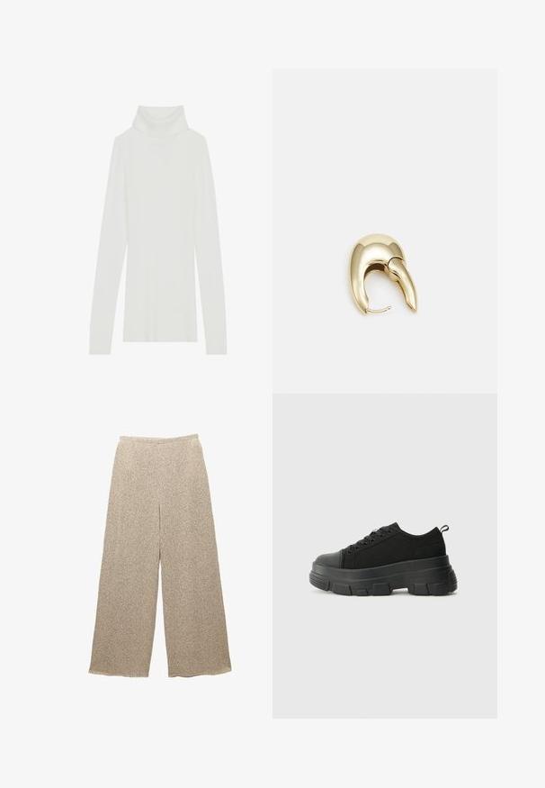 Biely rebrovaný rolák s dlhými rukávmi, mäkkou textúrou a vysokým rolovaným golierom, s priliehavým strihom a bez viditeľných zapínaní.; Béžové nohavice s širokými nohavicami vyrobené z textúrovanej tkaniny s jemným vzorom. Majú uvoľnený pás a voľný strih, čo zabezpečuje pohodlie a ľahkosť.; Čierne tenisky s masívnou gumovou podrážkou, textúrovaným textilným zvrškom, okrúhlou špičkou a šnurovaním. Obsahujú spevnené očká a zadný úchop.; Náušnice z kovu v zlatej farbe s elegantným, zakriveným dizajnom. Majú charakteristický špicatý tvar, leštený povrch a uzáver na pánt.