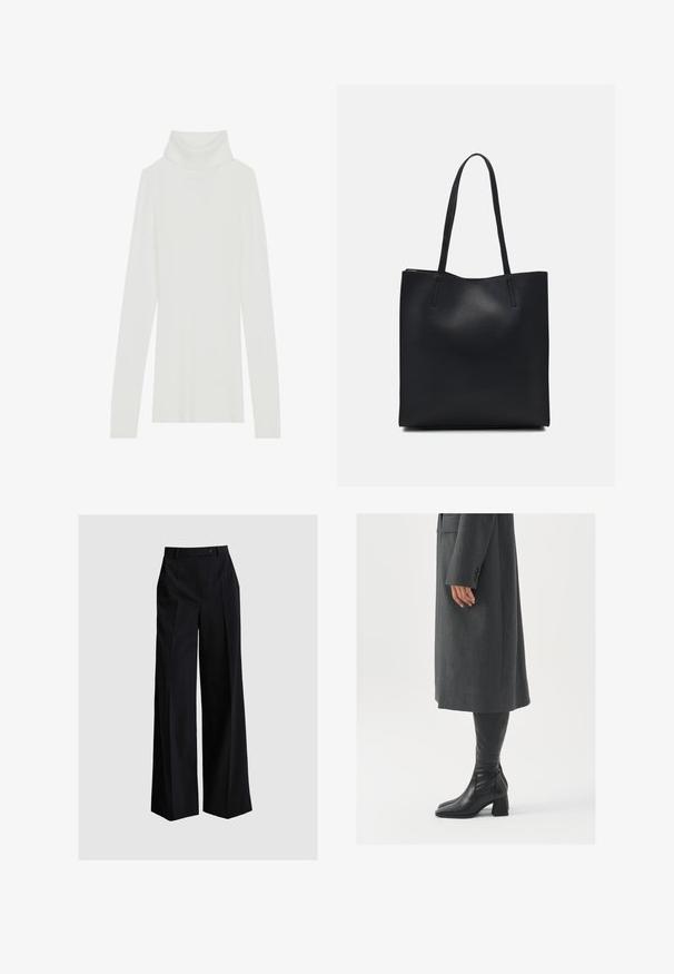 White ribbed turtleneck sweater with long sleeves, soft texture, and a high roll collar, featuring a fitted design and no visible fastenings.; ANDIATA GISELLA - Trousers - black; Gray, tailored overcoat with a straight cut; paired with knee-high black leather boots featuring a square toe and chunky heel.; Black leather tote bag with smooth texture, rectangular shape, and two long handles. No visible hardware or embellishments.