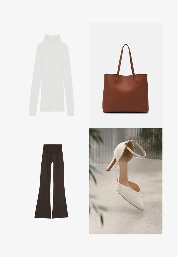 Bela rebrasta turtleneck pulover z dolgimi rokavi, mehkega materiala in visokim valovitim ovratnikom, s prilagojeno zasnovo in brez vidnih zapiranj.; Temno rjave nazobčene legice s širokim, rebrastim pasom. Narejene iz mehke, raztegljive tkanine, brezšivna zasnova brez vidnih kovinskih delov.; Bele visoke petne čevlje iz gladkega materiala s koničastim nosom in gležnjenim trakom. Imajo svetlo tan notranjost in zlat ton dodatkov.; Rjava usnjena torba z gladko teksturo, odprto zasnovo zgoraj in dvema naramnima trakovoma. Opremljena je z minimalnim šivanjem in brez vidnih kovinskih delov.